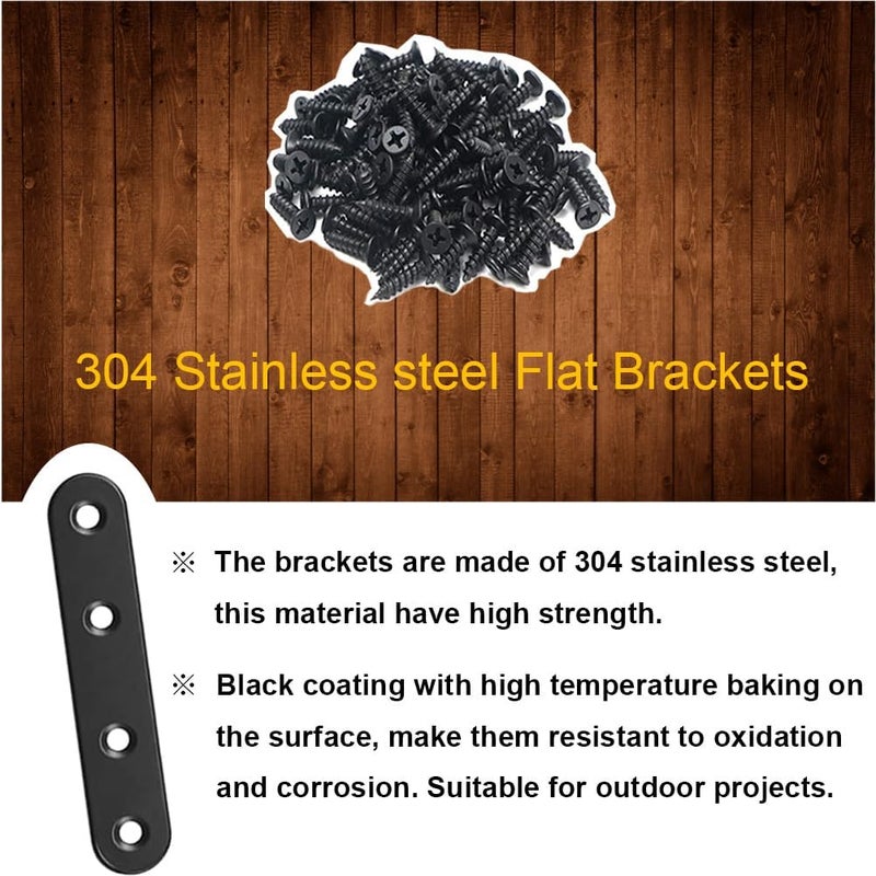 YEWLACA 24Pcs Black Stainless Steel Flat Brace Mending Plates, Sturdy Metal Repair Fixing Joining Brackets for Wood Furniture with Screws - Image 4